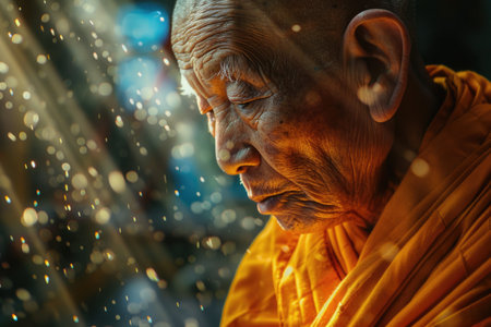 A Buddhist monk is sitting in the sun with his eyes closed. The scene is peaceful and sereneの素材