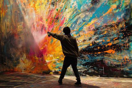 A young man is spraying paint on a wall, creating a colorful and vibrant scene. Scene is energetic and creative, as the boy is actively engaged in the process of paintingの素材