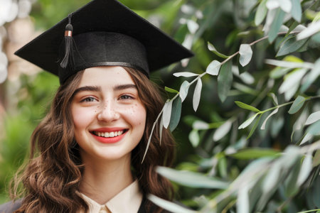 A woman wearing a black cap and gown is smiling and posing for a picture. Concept of achievement and pride, as the woman is likely a graduateの素材