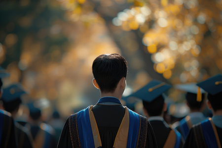 A group of people wearing graduation gowns and caps stand in a line. Concept of achievement and pride as the graduates prepare to receive their diplomasの素材