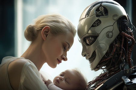 A woman is holding a baby and a robot is standing behind them. The robot has a menacing look on its faceの素材