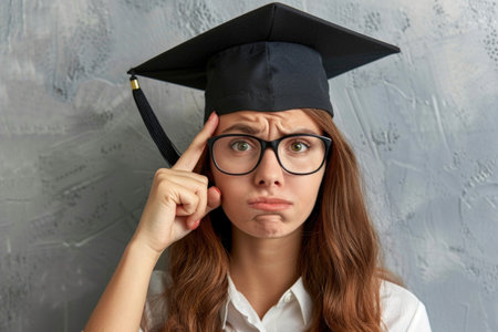 A woman in a graduation cap and glasses is looking confused. She is pointing her finger at her headの素材
