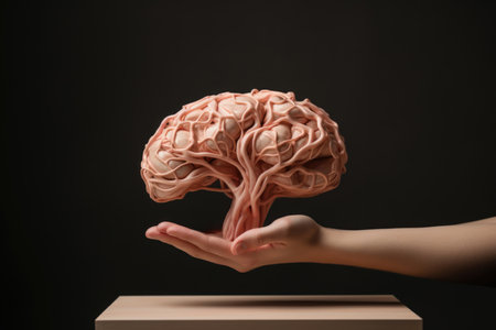 A hand holding a brain made of tissue paper. The brain is made to look like a tree with many branches. Concept of the brain being complex and intricate, with many different parts and functionsの素材