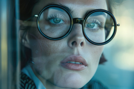 A woman with glasses gazes through a window with a thoughtful expression.の素材
