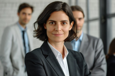 A confident woman stands in front of a group of people, taking the lead and commanding attention.の素材