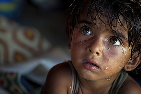 A young boy with tear-filled eyes stars intensely at the camera, conveying deep emotions through his somber expression.の素材