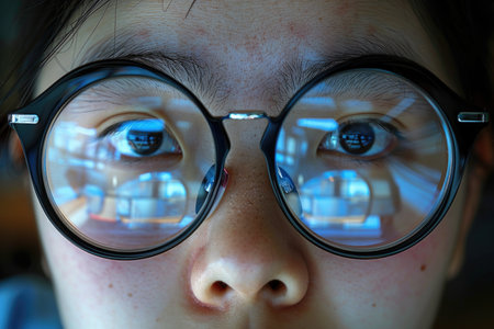 A close-up of a person with a pair of glasses, showing intricate details and reflections in the lenses.の素材