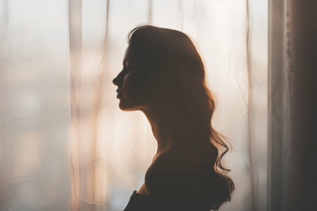 A lone woman stands in front of a window in silhouette, her figure outlined against the light pouring in from outside.の素材