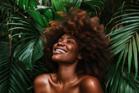 A woman with an afro smiles with joy in front of tall palm trees.の素材