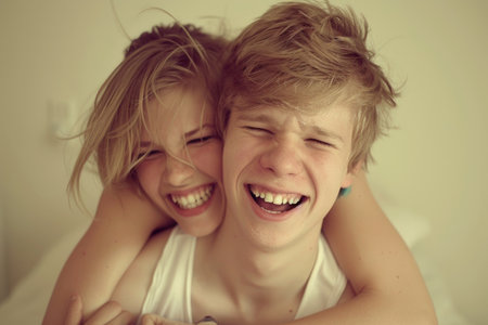 Two kids with radiant smiles, cuddled on a bed, enjoying each others company.の素材