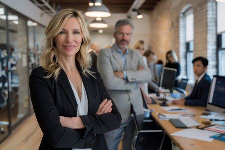 A woman with crossed arms stands in a corporate office setting, exuding confidence and authority.