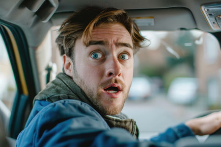 A man with a shocked expression behind the wheel of a moving car.の素材