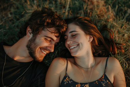 A man and a woman peacefully lying in the grass, enjoying a serene moment surrounded by natures beauty.の素材