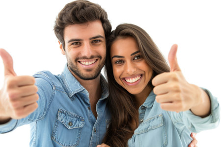 A man and a woman standing close together, both giving enthusiastic thumbs up gestures.の素材