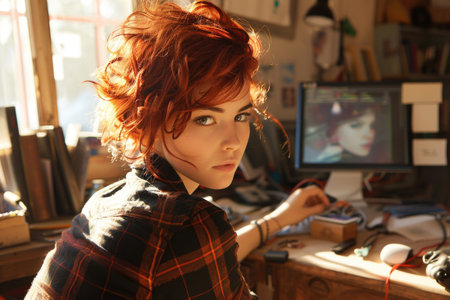 A woman with vibrant red curls sits at a computer desk, focused on her work.の素材
