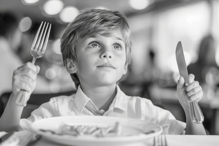 A young boy sits at a table with a fork and knife in hand.の素材