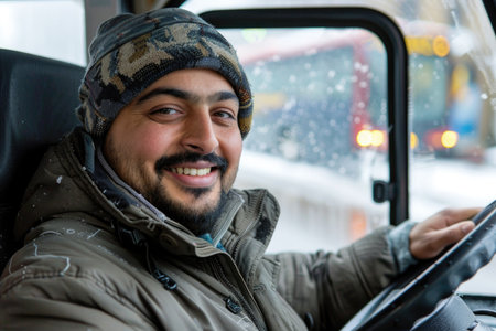 A man courageously drives his truck in the rain, navigating the slick roads with a focused expression and determination.の素材