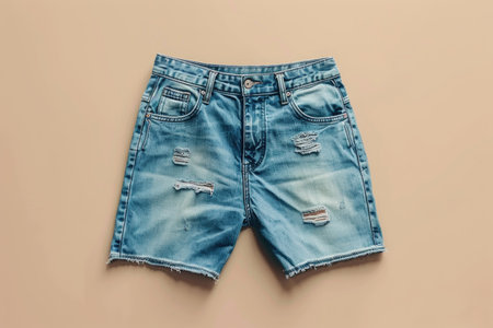 A pair of denim shorts in a vibrant blue color, featuring stylish distressing with intentional holes for a casual, edgy look.の素材