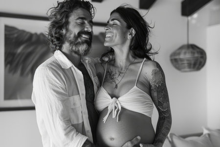 A moment of intimacy captured between a man and pregnant woman standing side by side, radiating love and anticipation for the future.の素材