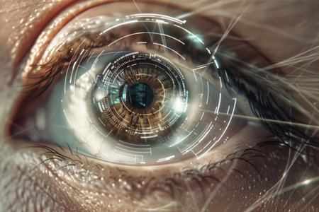 A detailed view of a persons eye, showing intricate details and unique color patterns.の素材