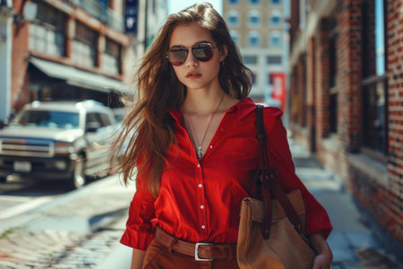 A young woman in a vibrant red shirt strides confidently down a city street.の素材