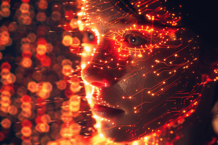 A womans face is illuminated by glowing lights in the background, creating an ethereal and captivating portrait.の素材