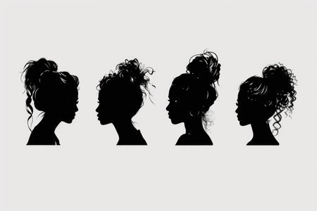 Four contrasting female profiles showcasing various hairdos from classic to modern.の素材