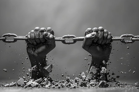 Two hands, one black and one white, grasp tightly onto a chain, expressing unity and solidarity.の素材