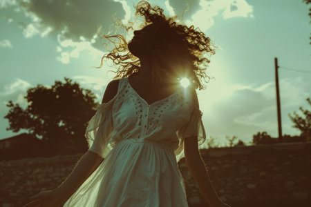 A graceful woman in a flowing white dress strolls leisurely across a lush field, surrounded by the beauty of nature.の素材
