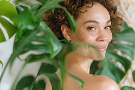 A joyful woman gazes intently at a vibrant plant, exuding a sense of peace and connection with the natural world.の素材