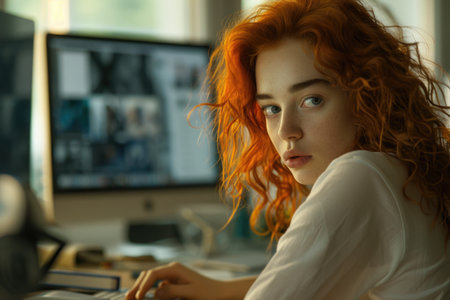 A woman with red curly hair is focused while sitting in front of a computer screen.の素材