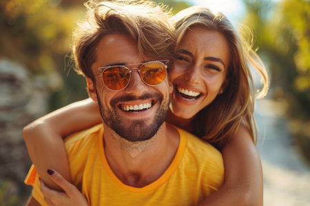 A man in a yellow shirt joyfully holds a woman in a playful moment of connection and happiness.の素材
