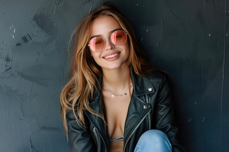 A young woman in pink sunglasses sits peacefully on the ground, enjoying a moment of relaxation in a sunny outdoor setting.の素材