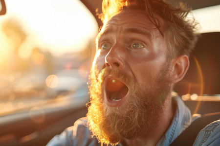 A bearded man drives a car with a surprised expression, his mouth agape in wonder.の素材