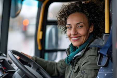 A woman bus driver sits at the wheel, smiling with joy as she drives her bus.の素材