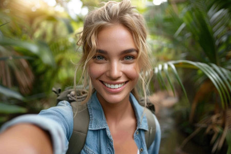 Young woman beaming as she captures a selfie with a camera.の素材