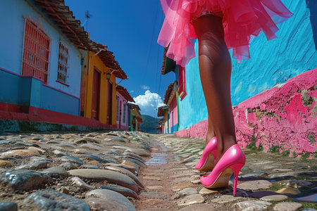 A stylish woman in pink high heels confidently walks down a cobblestone street.の素材