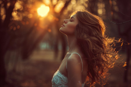 A woman in a flowing white dress stands with her hair elegantly swirling in the wind, creating a dynamic and mesmerizing visual.の素材