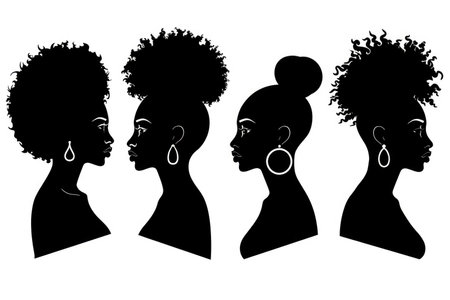 Three graceful silhouettes of women with stunning afro hairstyles, exuding confidence and beauty.の素材