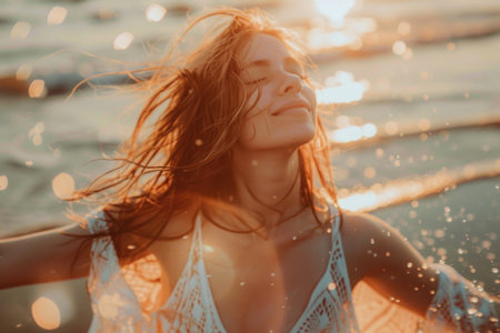 A woman in a flowing white dress stands in the water, her hair billowing in the wind, embodying a sense of freedom and tranquility.の素材