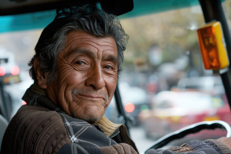 A male bus driver sits behind the wheel, smiling.の素材