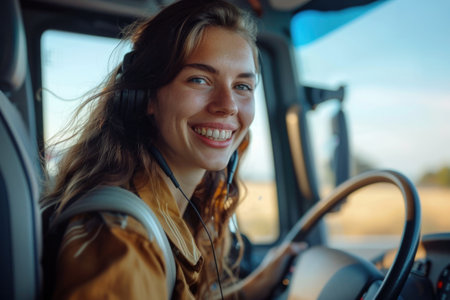 A woman bus driver is happily smiling while driving a truck.の素材