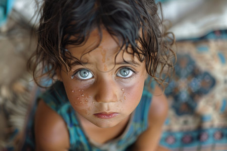 A young child with mesmerizing blue eyes stars innocently into the camera, capturing the purity and wonder of childhood.の素材