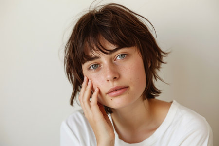 A young woman in a white shirt gazes thoughtfully with her hand on her face.の素材