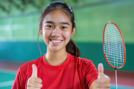Vibrant young woman in red sports tee gives a thumbs up holding a tennis racket.の素材