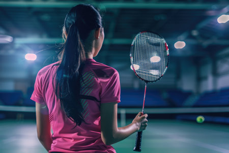 A graceful woman stands confidently on a tennis court, holding a tennis racquet with determination.の素材