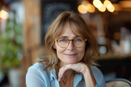 A middle-aged woman wearing glasses sits at a table, contemplating with a serene expression.の素材