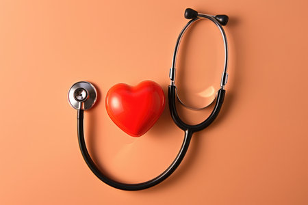 A stethoscope adorned with a heart symbol, symbolizing the connection between medical care and heart health.の素材