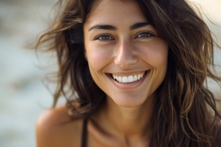 A woman exudes joy with a big smile on her face, radiating happiness and positivity.の素材