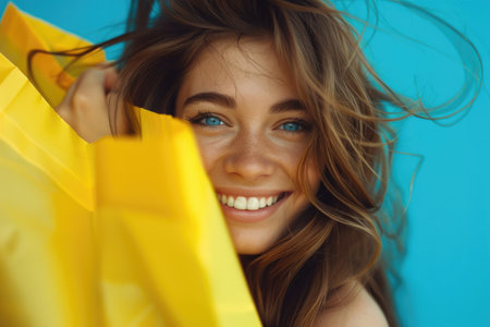 A cheerful young woman with a bright smile holding a yellow shopping bag.の素材